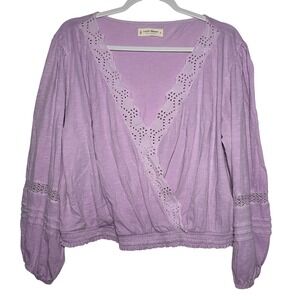 Lucky Brand Womens XL Purple Cotton Eyelet Lace Wrap Boho Long Sleeve Top